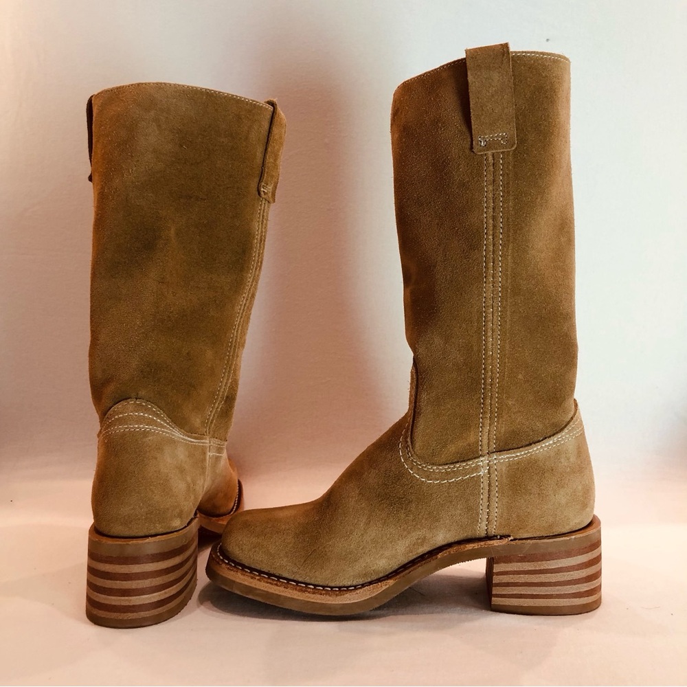 FRYE CAMPUS 12R Tan Mid Calf Suede Leather Boots Stacked wood heel Round toe 6.5 - Picture 12 of 15